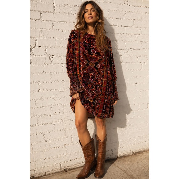 Anthropologie Dresses & Skirts - Anthropologie Red Burnout‎ Velvet Paisley Lace Up Mini Dress Dark Academia 0